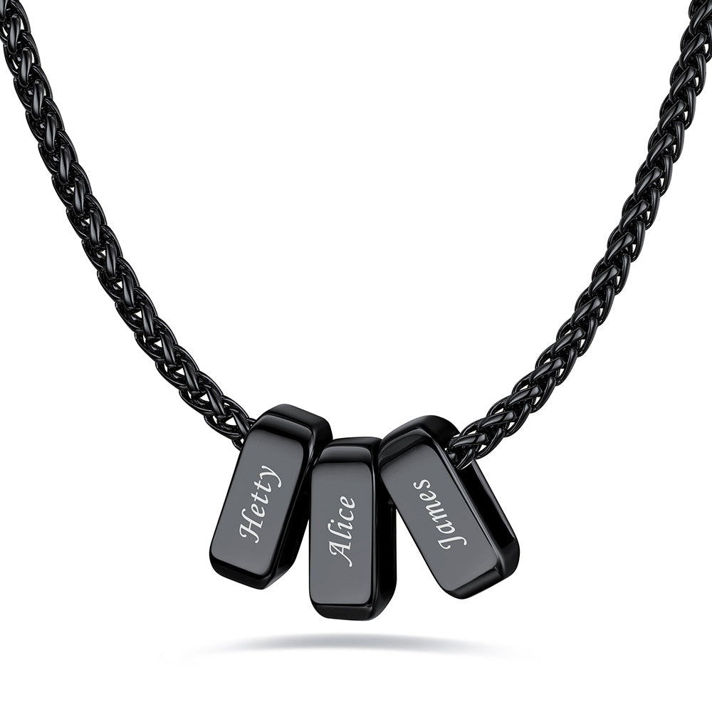 Black custom name necklace with 3 rectangular pendant engraved on a white background