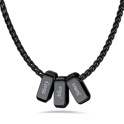 Black custom name necklace with 3 rectangular pendant engraved on a white background