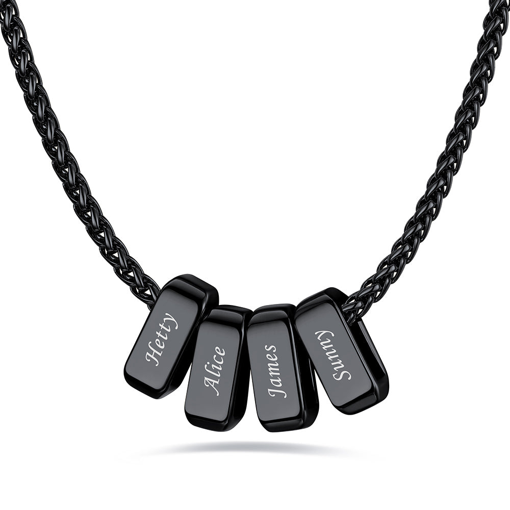 Black custom name necklace with 4 rectangular pendant engraved on a white background