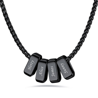 Black custom name necklace with 4 rectangular pendant engraved on a white background