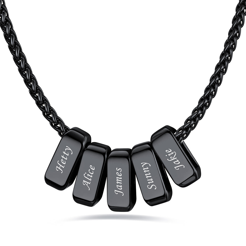 Black custom name necklace with 5 rectangular pendant engraved on a white background
