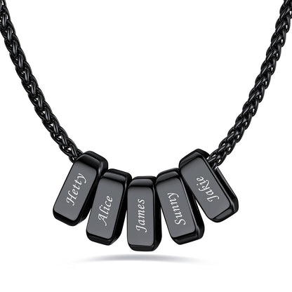 Black custom name necklace with 5 rectangular pendant engraved on a white background