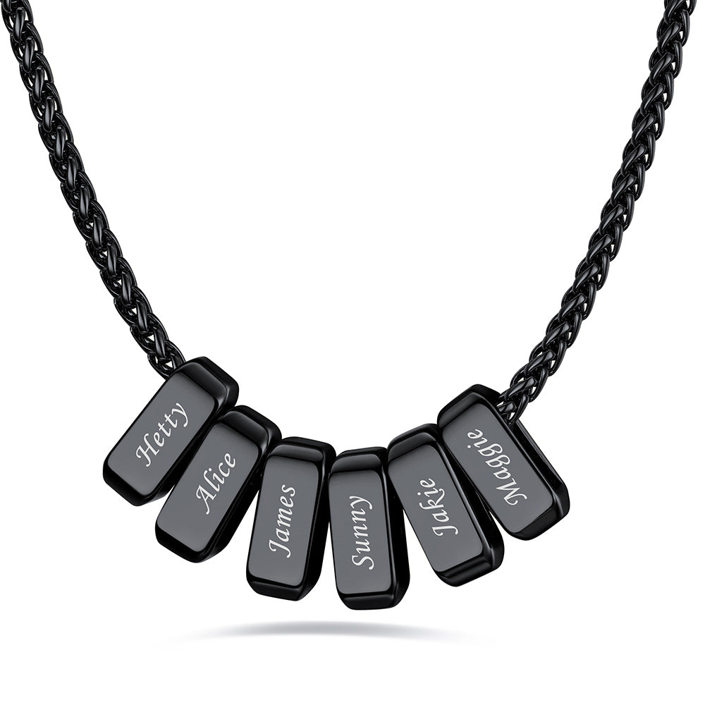 Black custom name necklace with 6 rectangular pendant engraved on a white background
