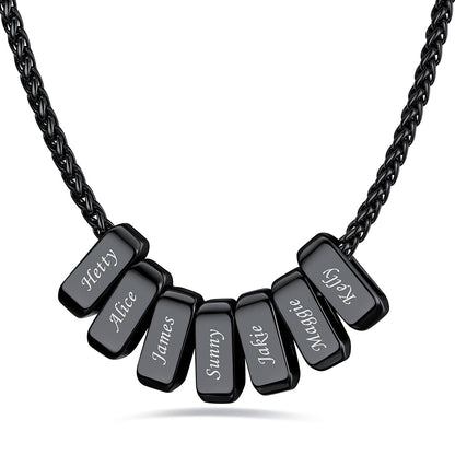 Black custom name necklace with 7 rectangular pendant engraved on a white background
