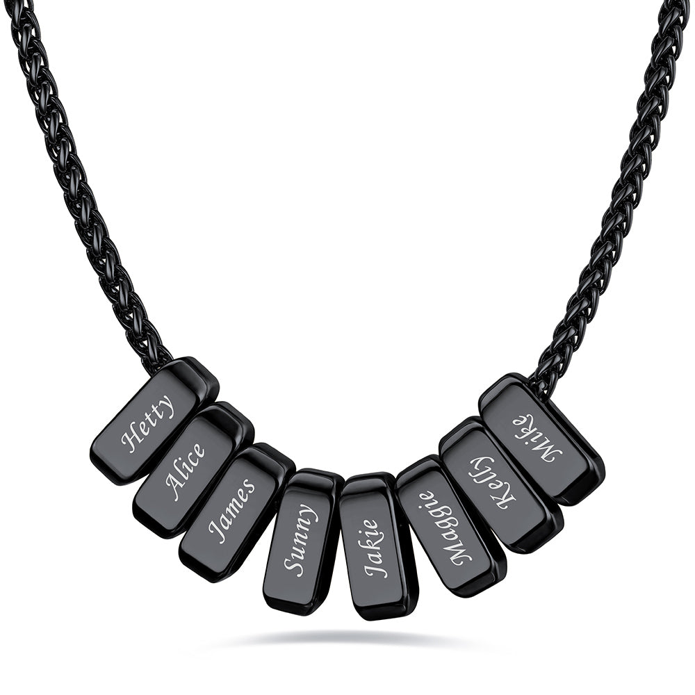 Black custom name necklace with 8 rectangular pendant engraved on a white background