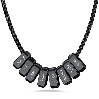 Black custom name necklace with 8 rectangular pendant engraved on a white background