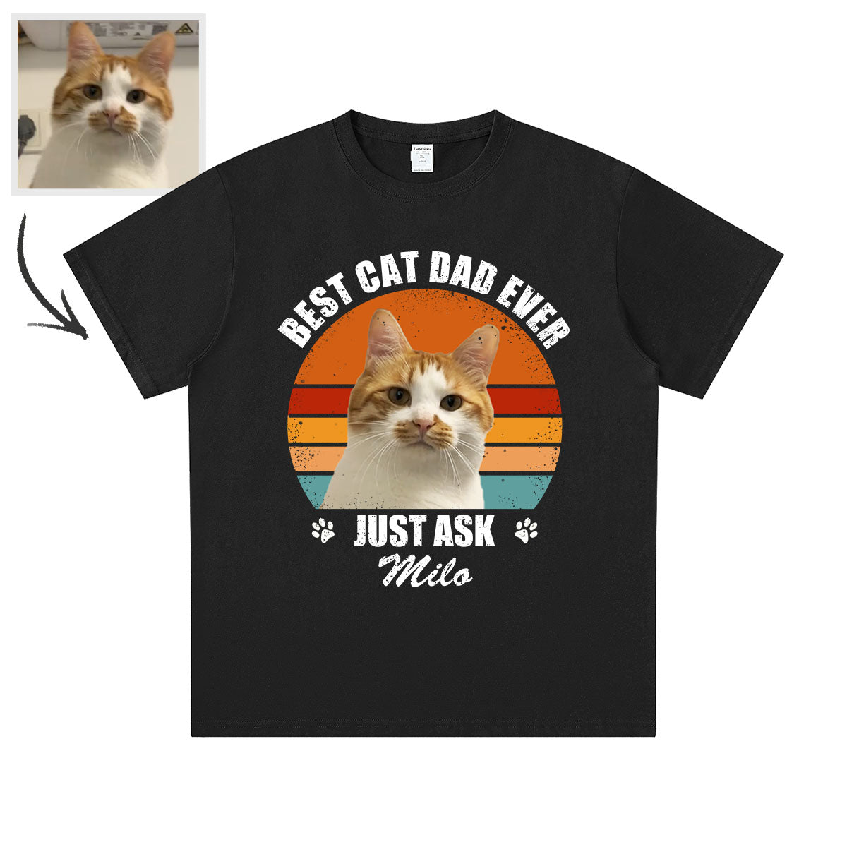 Black t-shirt with a cat graphic and text 'Best Cat Dad Ever, Just Ask Milo' on a white background.