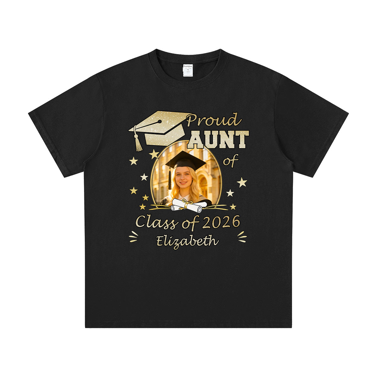 Black custom photo graduation t-shirt with graduation-themed design and text on a white background