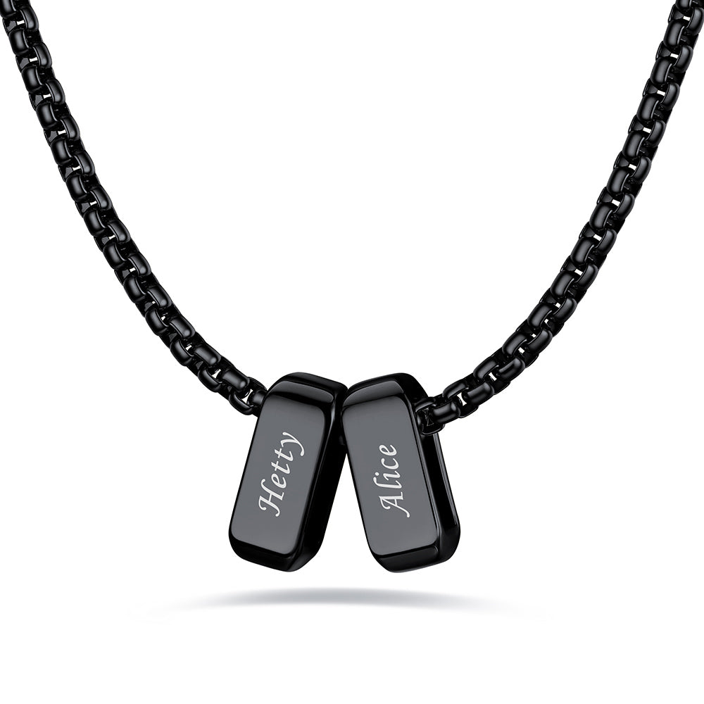 Black engraved name necklace with 2 name bars on a white background