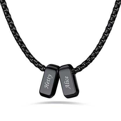 Black engraved name necklace with 2 name bars on a white background