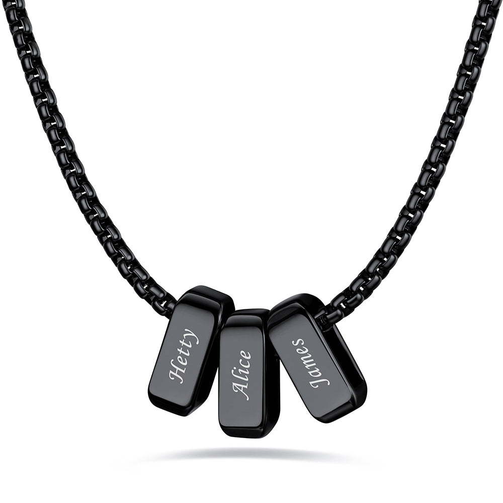 Black engraved name necklace with 3 name bars on a white background