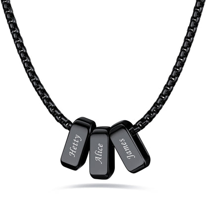 Black engraved name necklace with 3 name bars on a white background