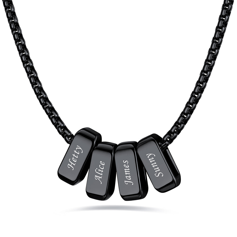 Black engraved name necklace with 4 name bars on a white background