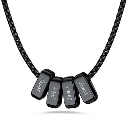 Black engraved name necklace with 4 name bars on a white background
