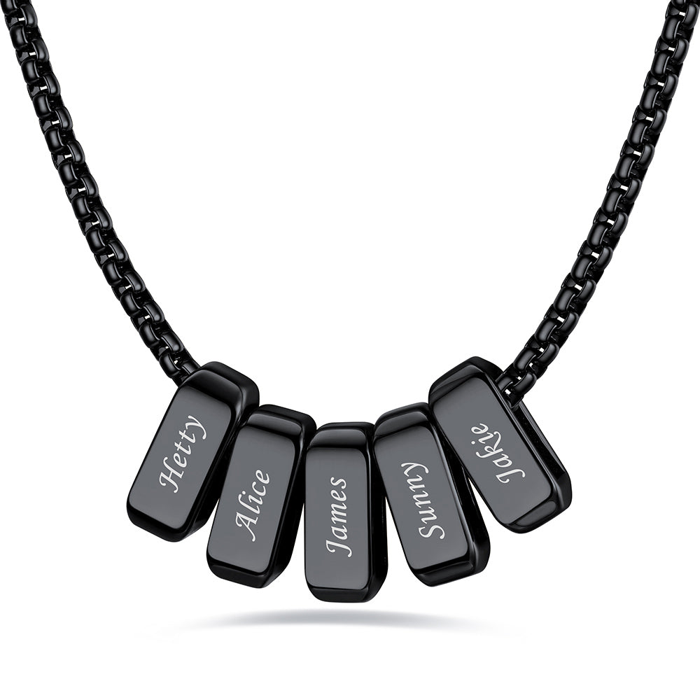 Black engraved name necklace with 5 name bars on a white background