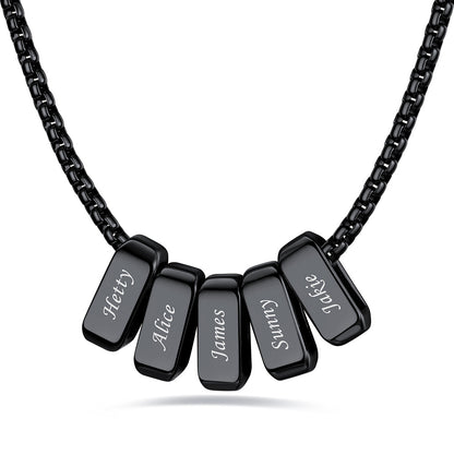 Black engraved name necklace with 5 name bars on a white background