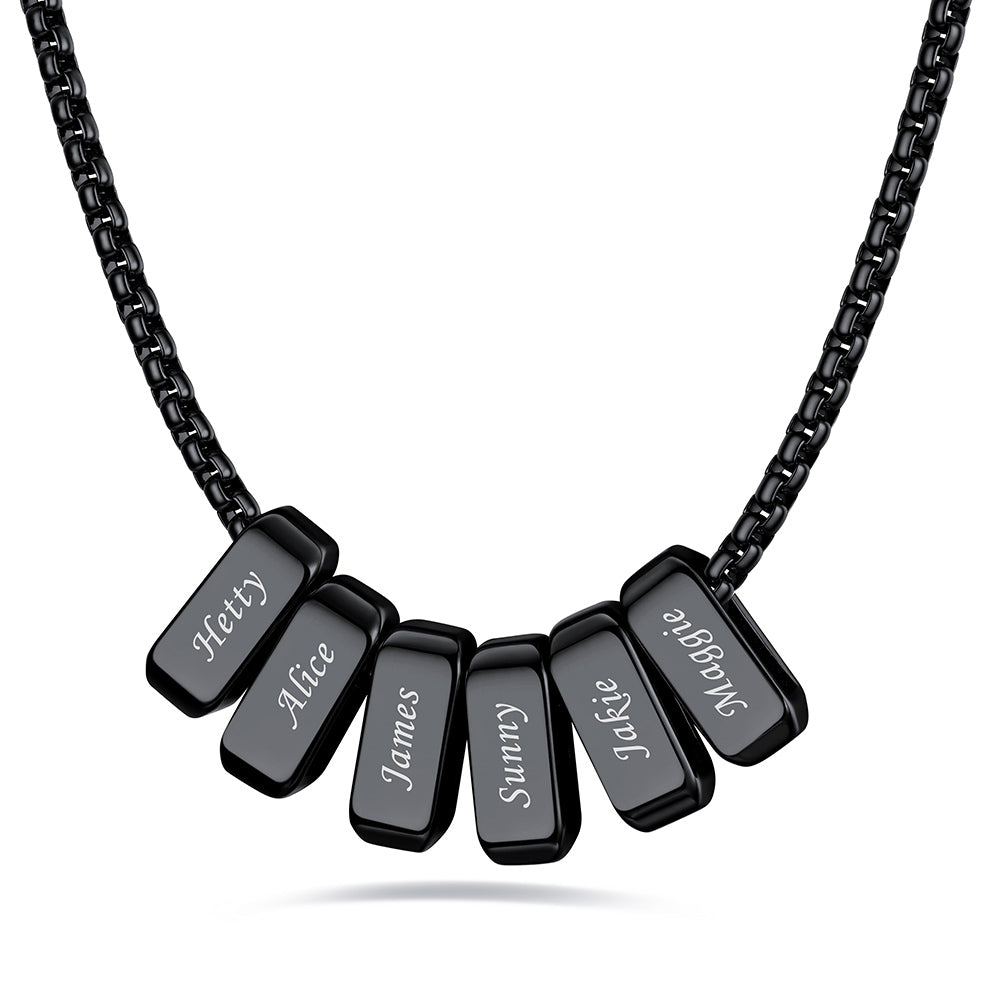 Black engraved name necklace with 6 name bars on a white background