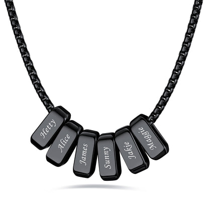 Black engraved name necklace with 6 name bars on a white background