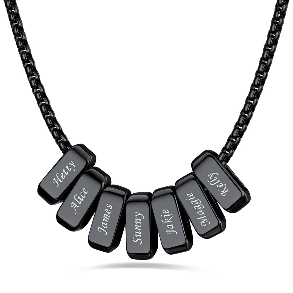 Black engraved name necklace with 7 name bars on a white background