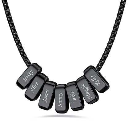 Black engraved name necklace with 7 name bars on a white background