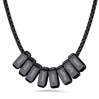 Black engraved name necklace with 8 name bars on a white background