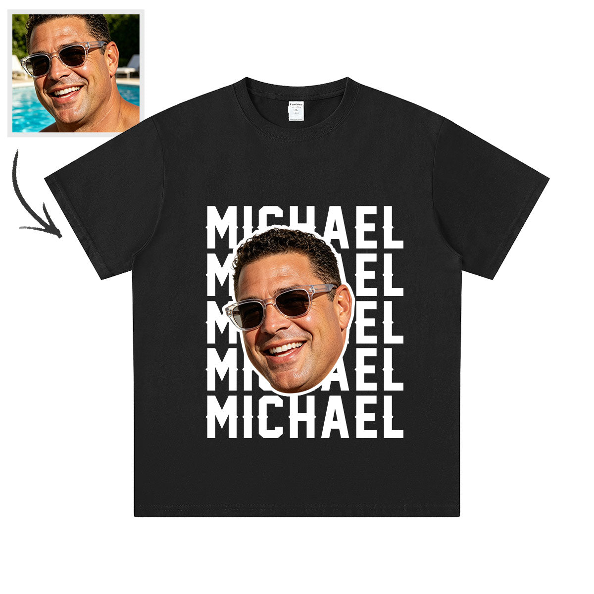 Black face t-shirt with a printed face and 'MICHAEL' text, next to a photo of a smiling man by a pool.