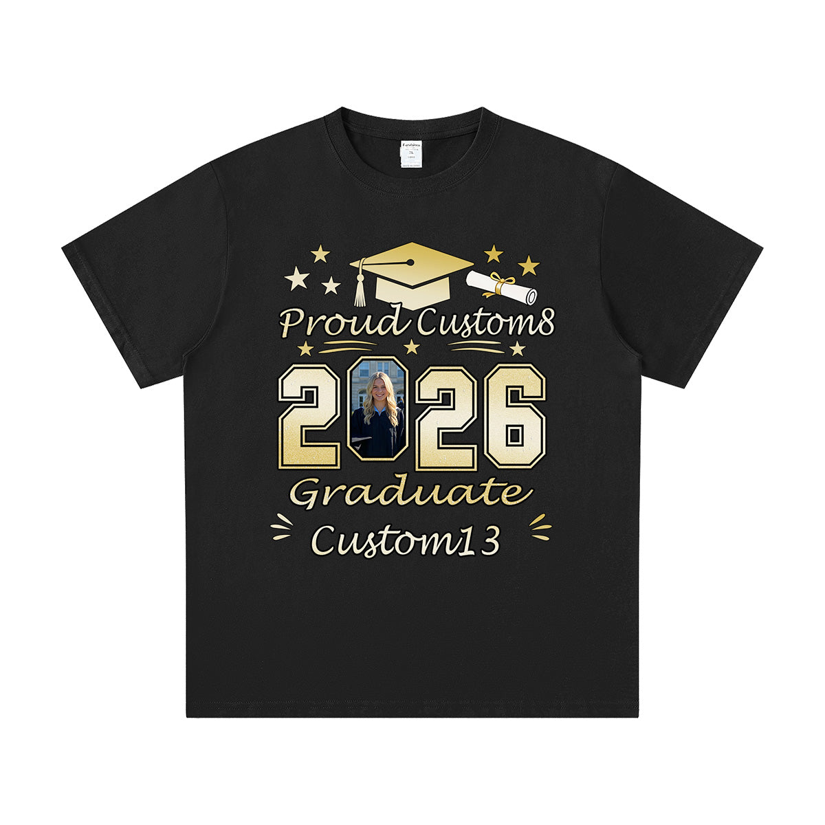 Black graduation t-shirt with graduation-themed design featuring a photo of a person in a cap and gown, text 'Proud Custom8 2026 Graduate Custom13', on a white background.
