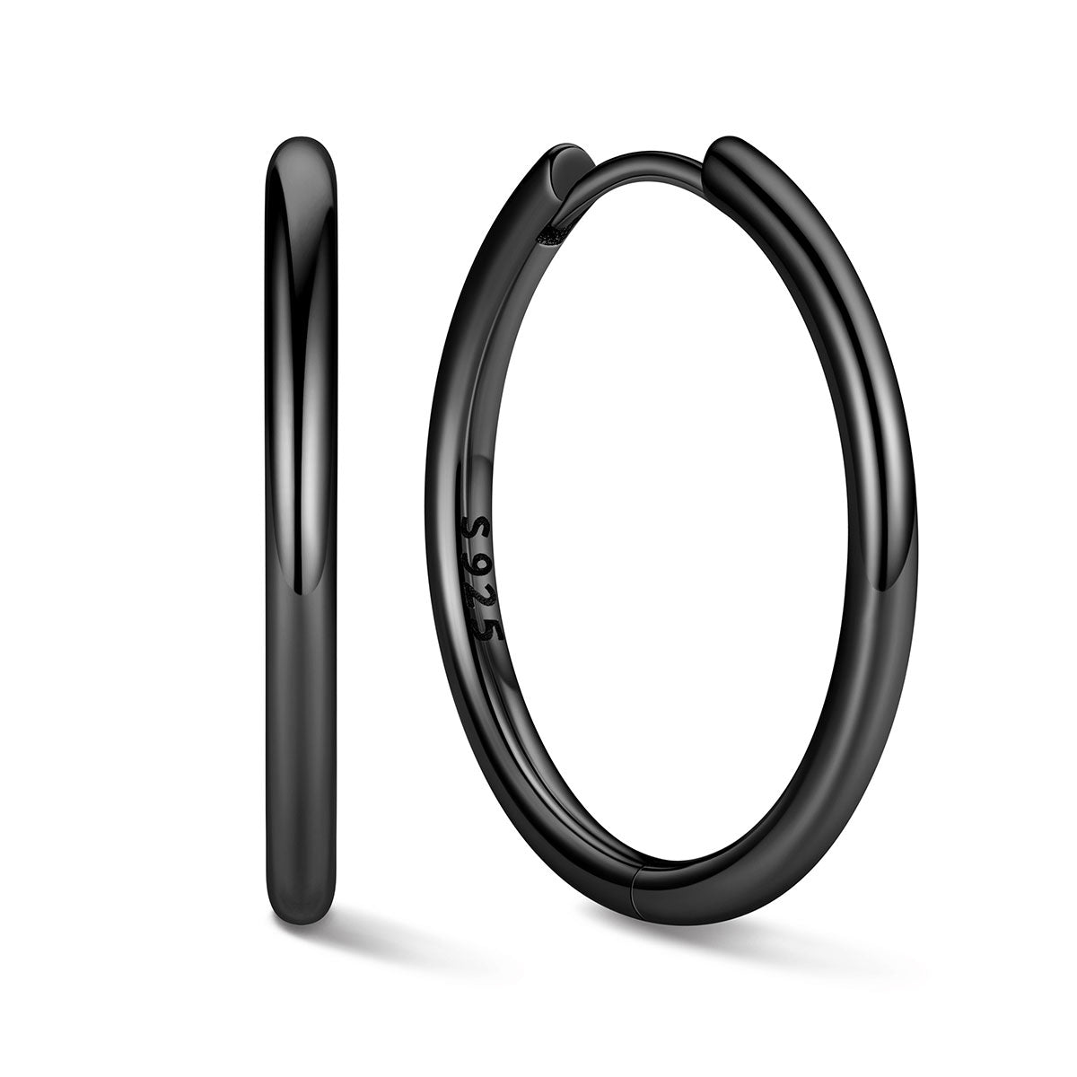 Black huggie 18mm earrings on a white background