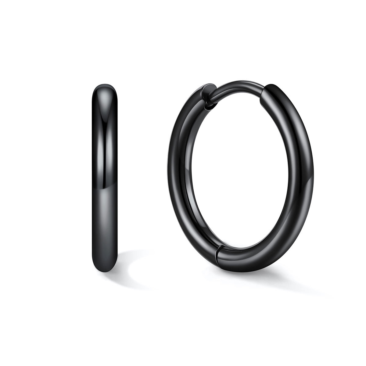 Black huggie earrings 12mm on a white background