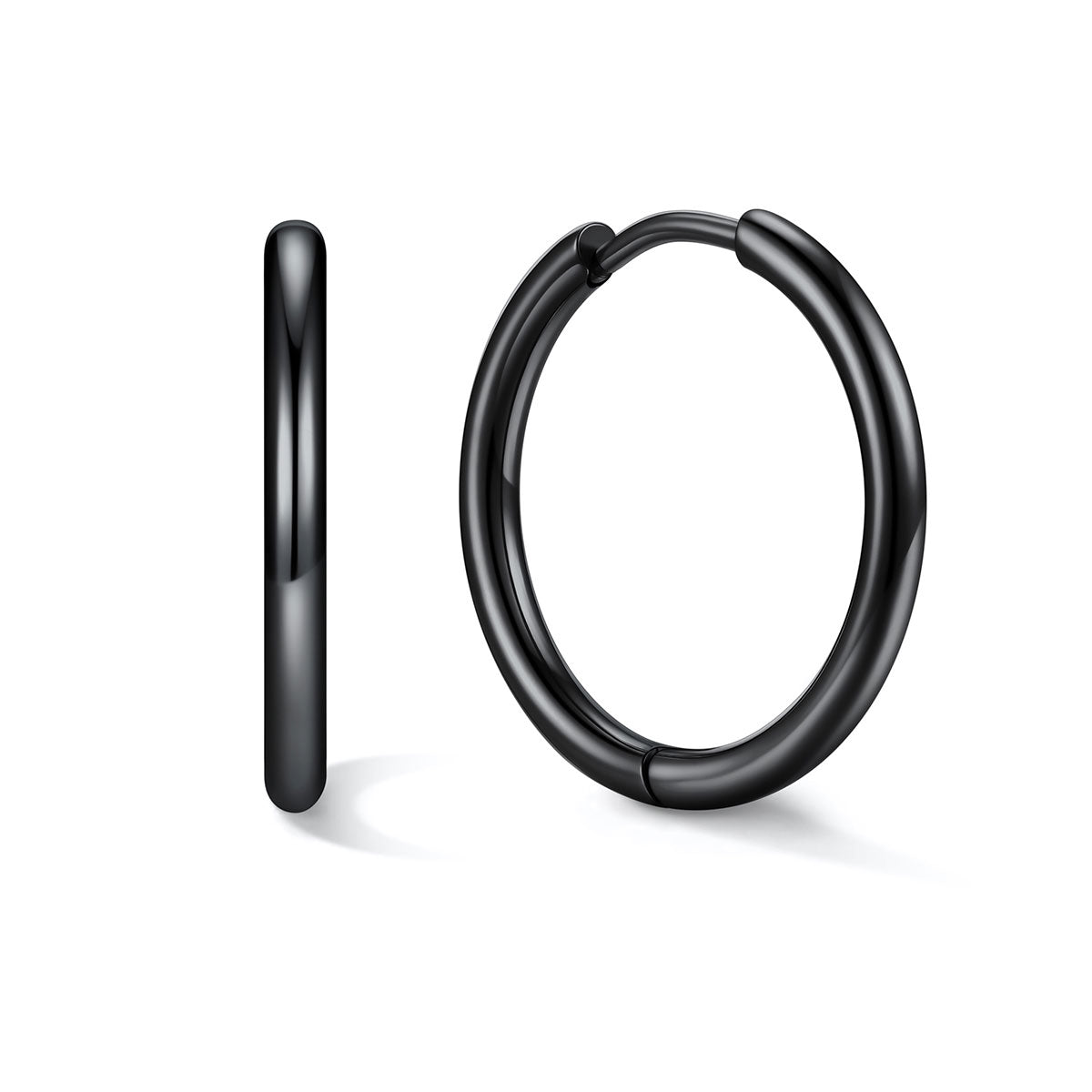 Black huggie earrings 16mm on a white background