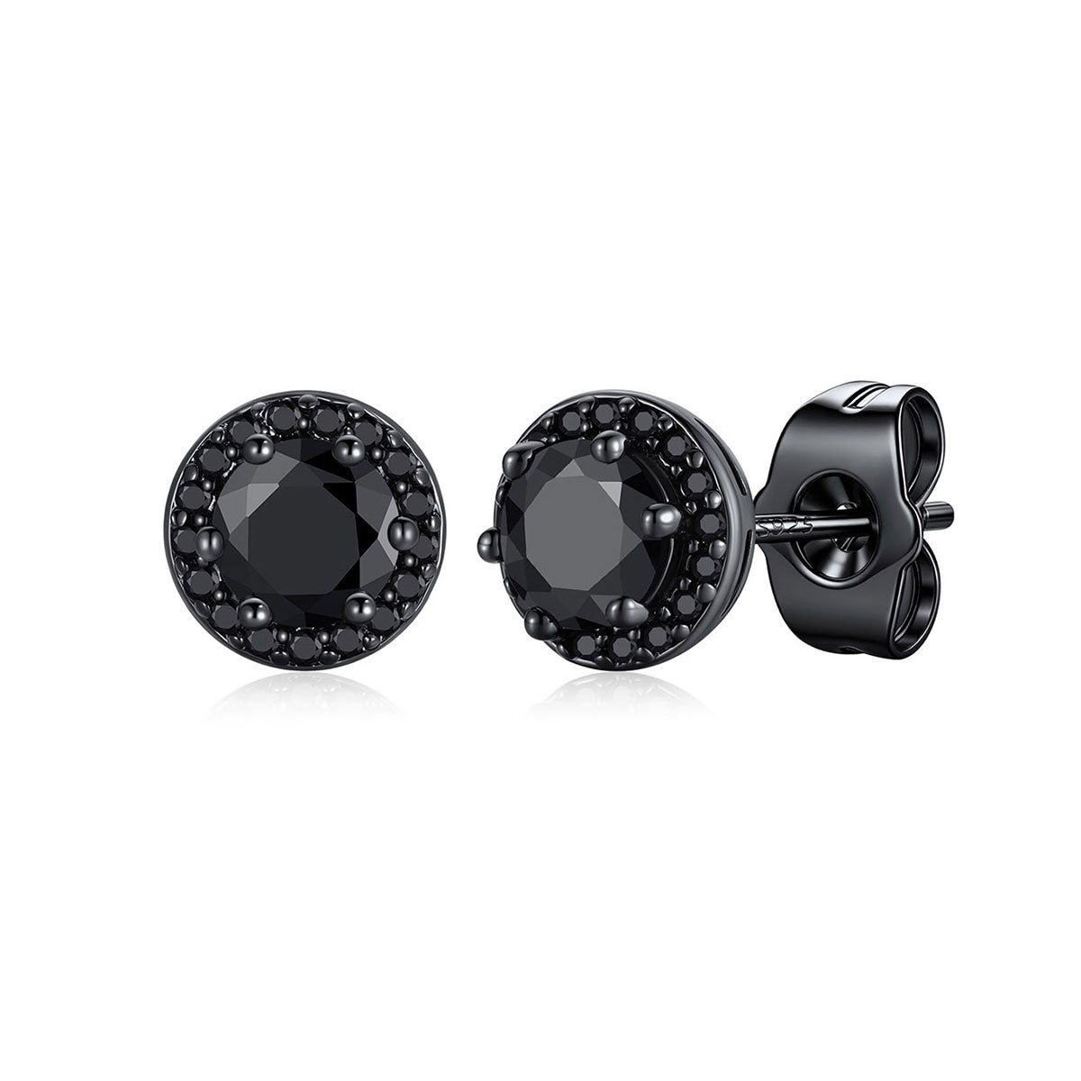 Black plated Round Cubic Zirconia Halo Stud Earrings for Men Women on a white background 0.5ct