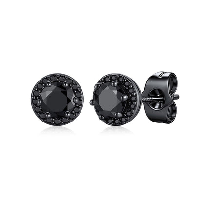 Black plated Round Cubic Zirconia Halo Stud Earrings for Men Women on a white background 0.5ct