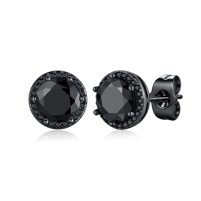 Black plated Round Cubic Zirconia Halo Stud Earrings for Men Women on a white background 1.5ct