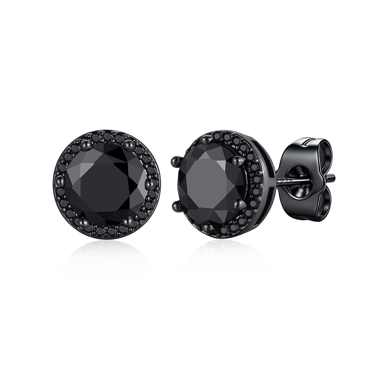 Black plated Round Cubic Zirconia Halo Stud Earrings for Men Women on a white background 2ct