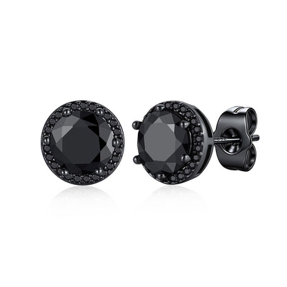 Black plated Round Cubic Zirconia Halo Stud Earrings for Men Women on a white background 2ct