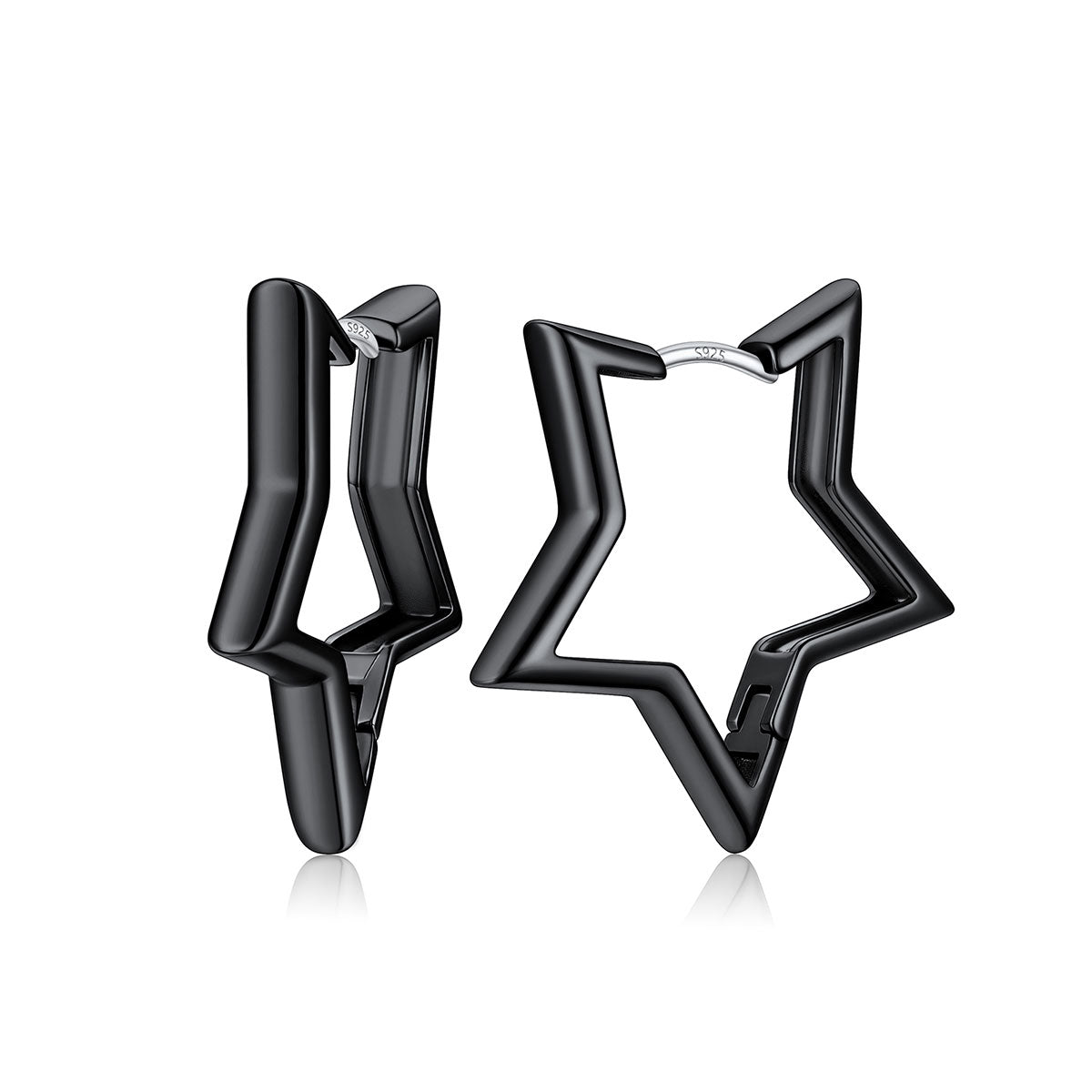 Black plated star-shaped hoop earrings in Rose gold plated with a polished finish and a silver-tone post, shown on a clean white background with a soft reflection.