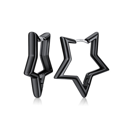 Black plated star-shaped hoop earrings in Rose gold plated with a polished finish and a silver-tone post, shown on a clean white background with a soft reflection.