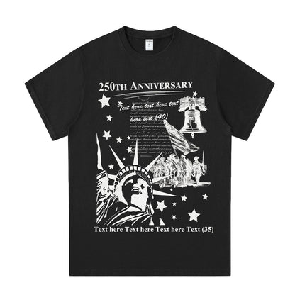 Black t-shirt with blue graphic design featuring the Statue of Liberty and text 