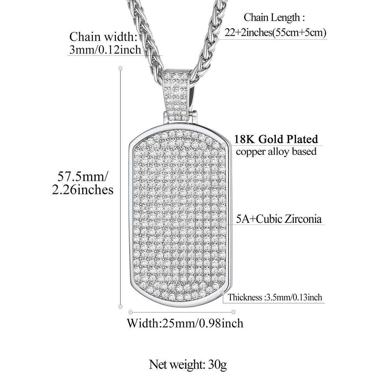 Bling Cubic Zirconia Dog Tag Necklaces Dimension, Durable