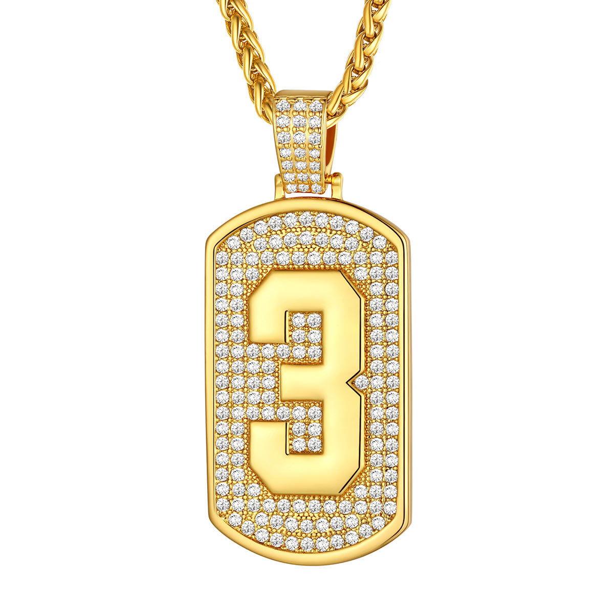 Bling Dog Tag Number 3 Necklaces in Gold Plated