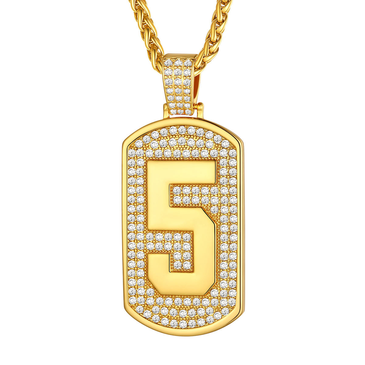 Bling Dog Tag Number 5 Necklaces in Gold Plated