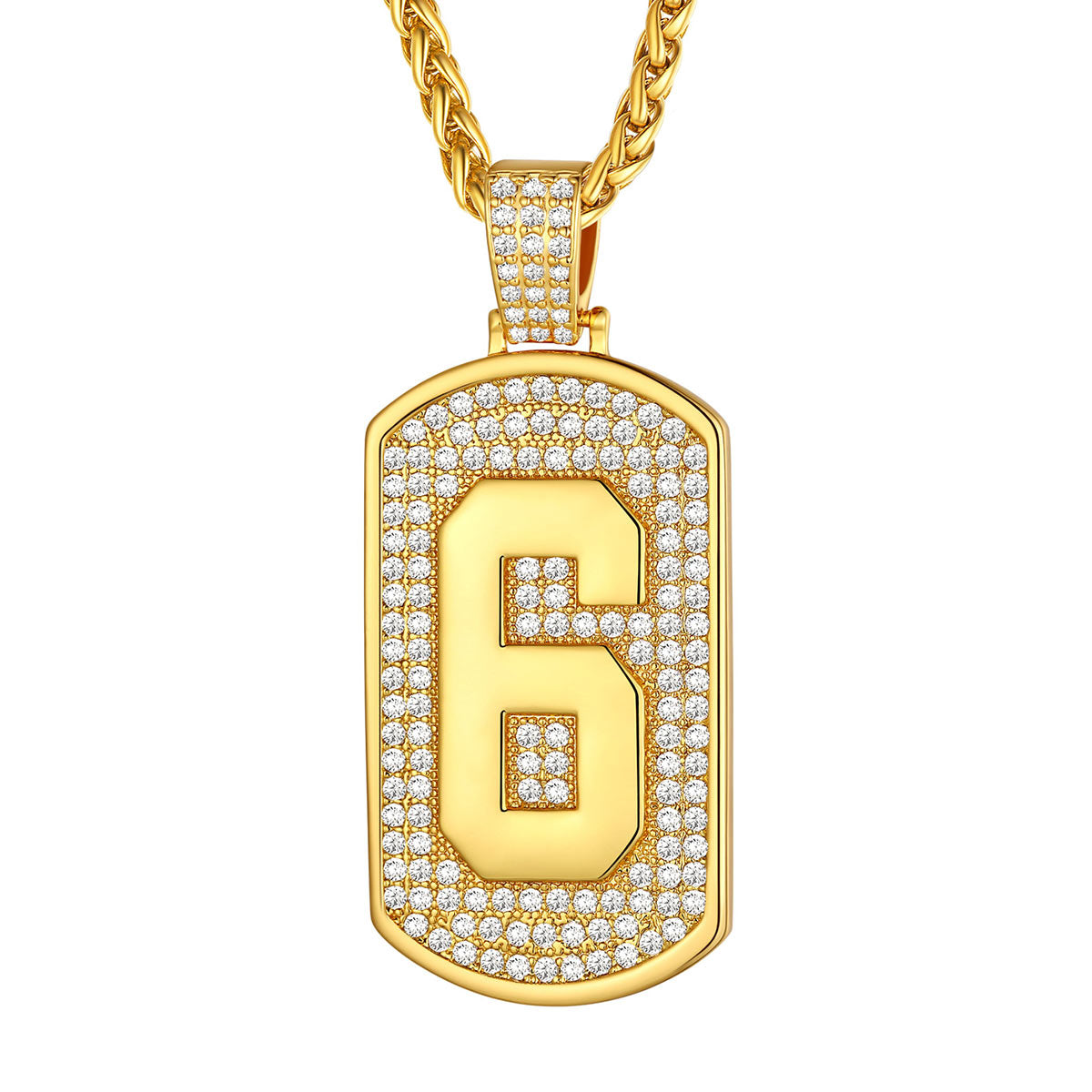 Bling Dog Tag Number 6 Necklaces in Gold Plated