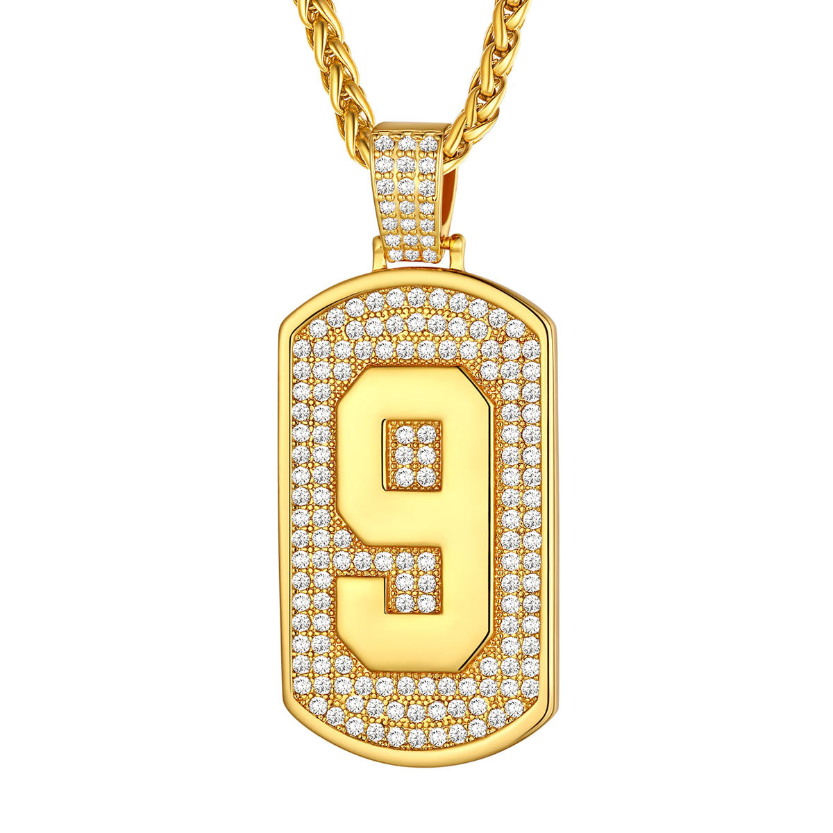 Bling Dog Tag Number 9 Necklaces in Gold Plated