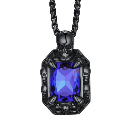 Blue Stone Skull Pendant Necklace  Black Plated
