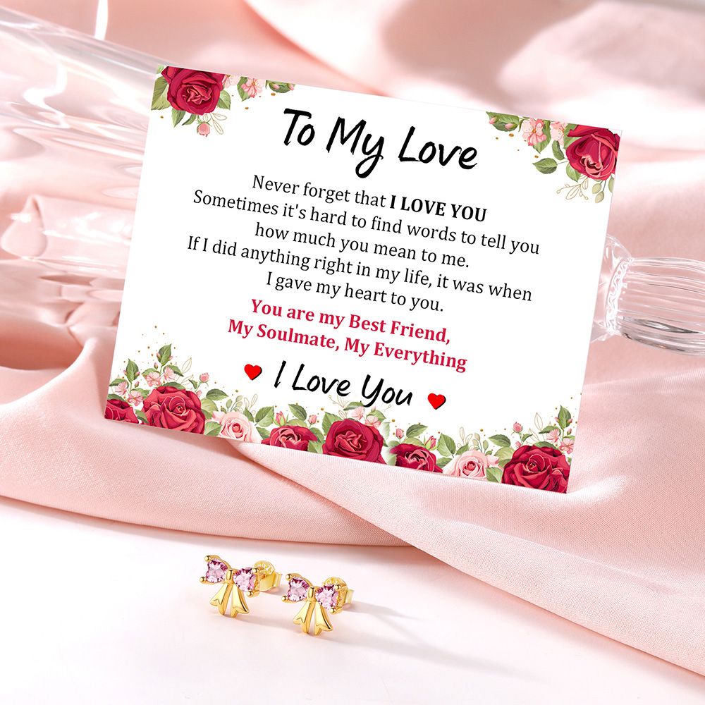 Bow Birthstone Earrings with greeting card