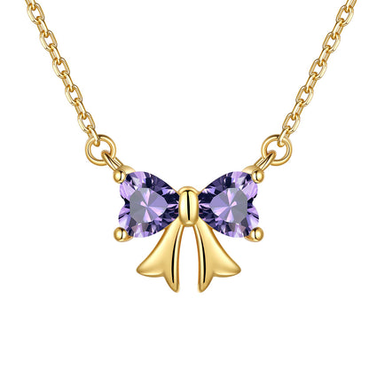 Bow February Birthstone Necklace Gold Plated