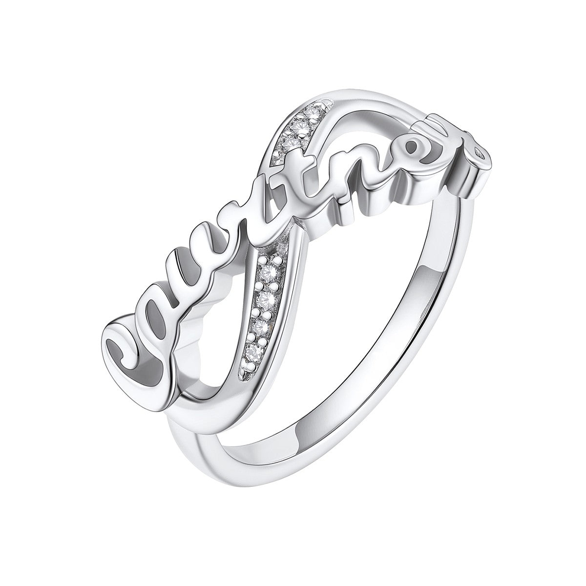 Brass Custom Name Infinity Promise Ring With Cubic Zirconia in Silver on a white background