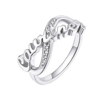 Brass Custom Name Infinity Promise Ring With Cubic Zirconia in Silver on a white background