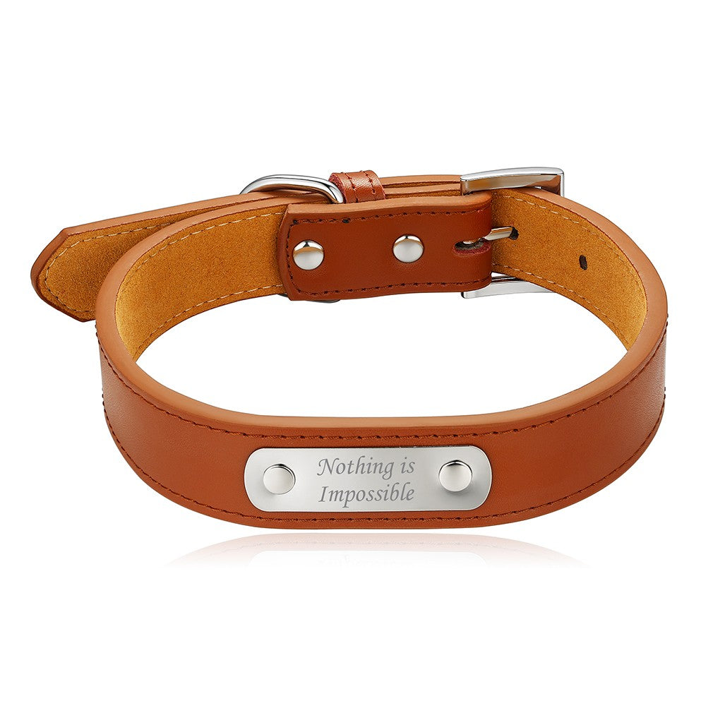 Brown leather dog collar with a custom  tag