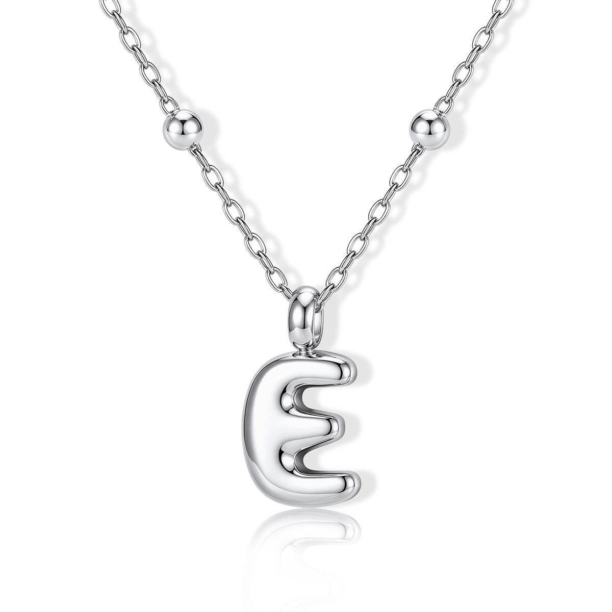 Bubble Initial E Necklace for Women on a white background